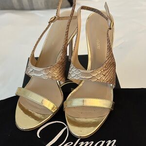 Delman Gold and Brown Heeled Sandals